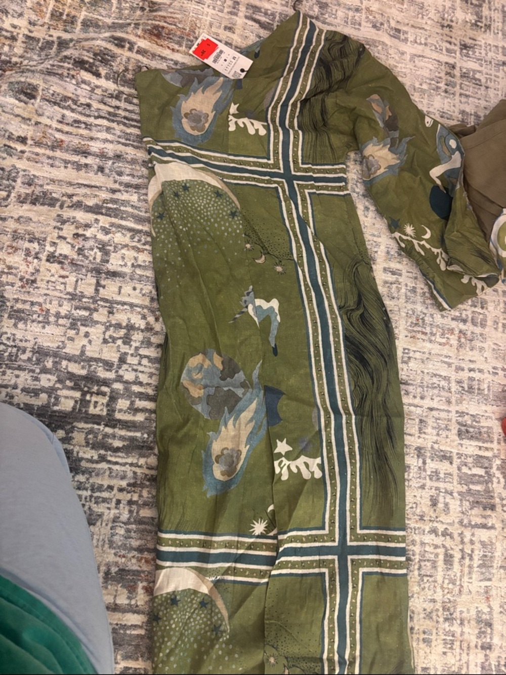 Zara Olive Green Floral Maxi Dress with Blue Accents